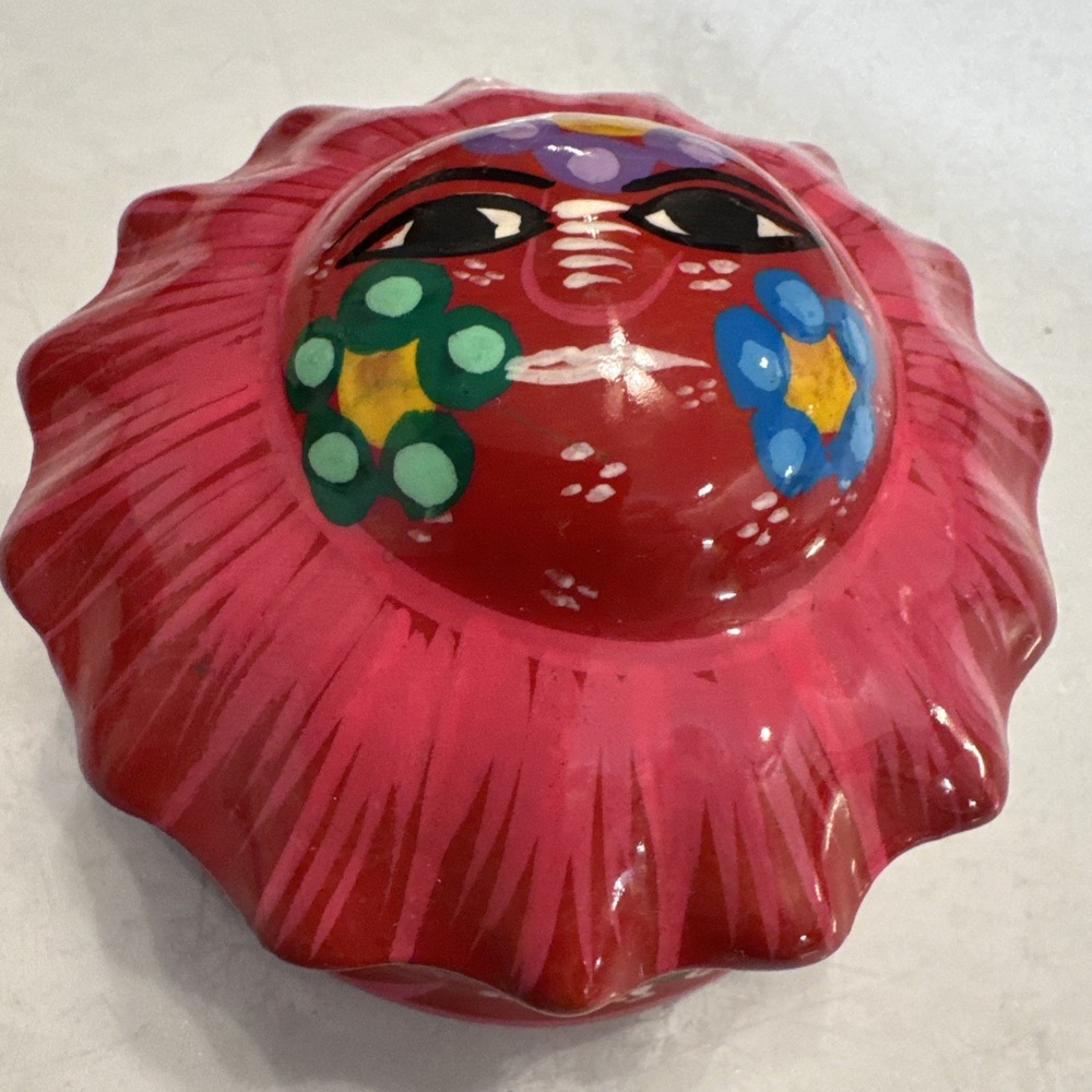 Colorful Mexican Folk Art Handpainted Sun Covered Terra Cotta Trinket Box 3" - Picture 2 of 10